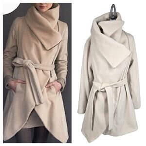 Heike NY Coat Jacket sz 2 Beige 98% Wool Belted Asymmetrical Hem & Front Zipper